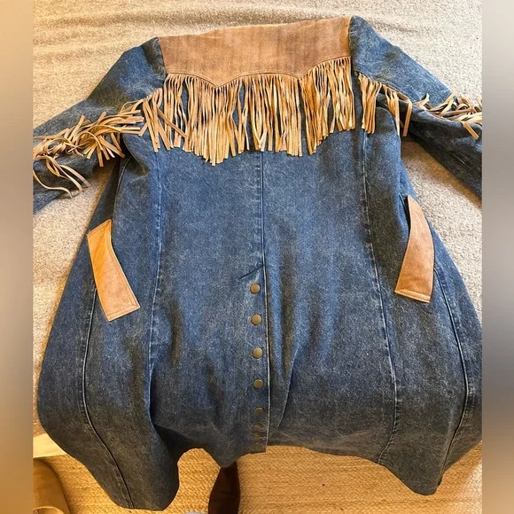 Denim and Tan Fringe Women's Coat - Picture 8 of 10